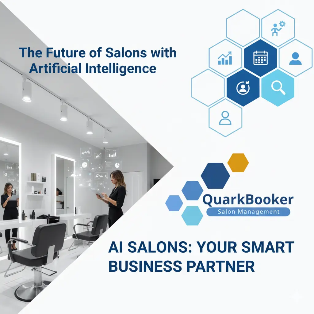 Futuristic salon interior with AI analytics dashboard and hairstylist using smart booking software