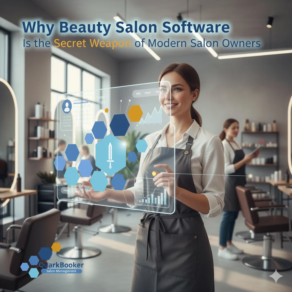 Futuristic salon interior with AI analytics dashboard and hairstylist using smart booking software