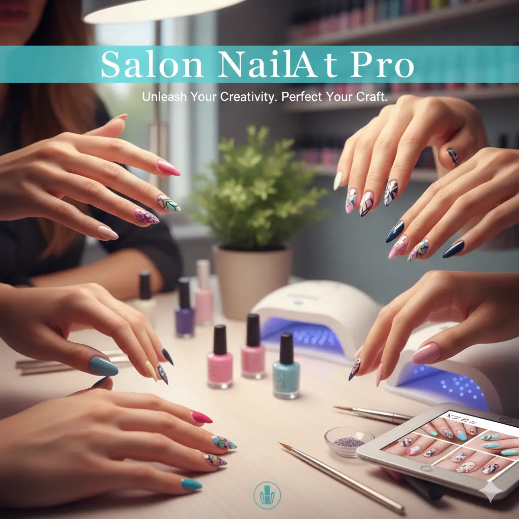 Professional nail artist using a standardized salon booking system to manage a custom manicure design.