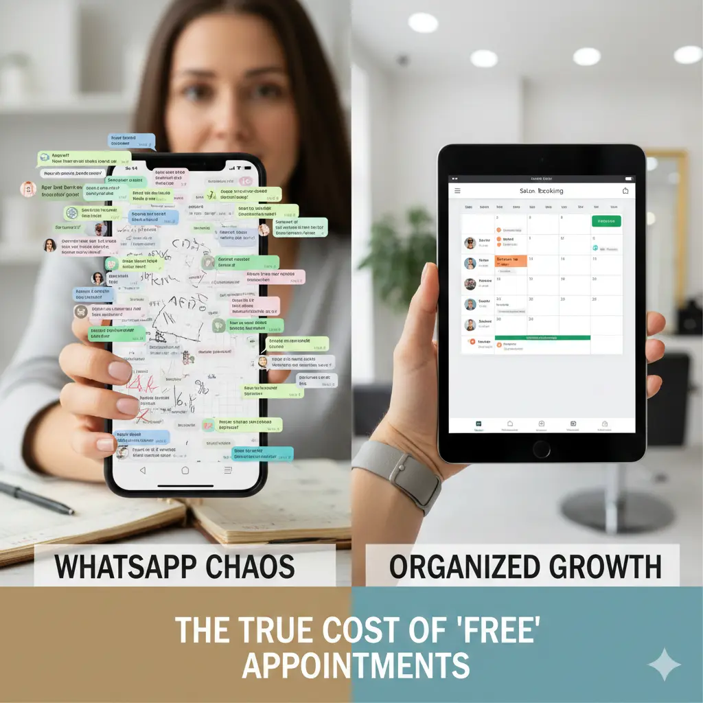 Professional salon booking software dashboard vs chaotic WhatsApp appointment messages