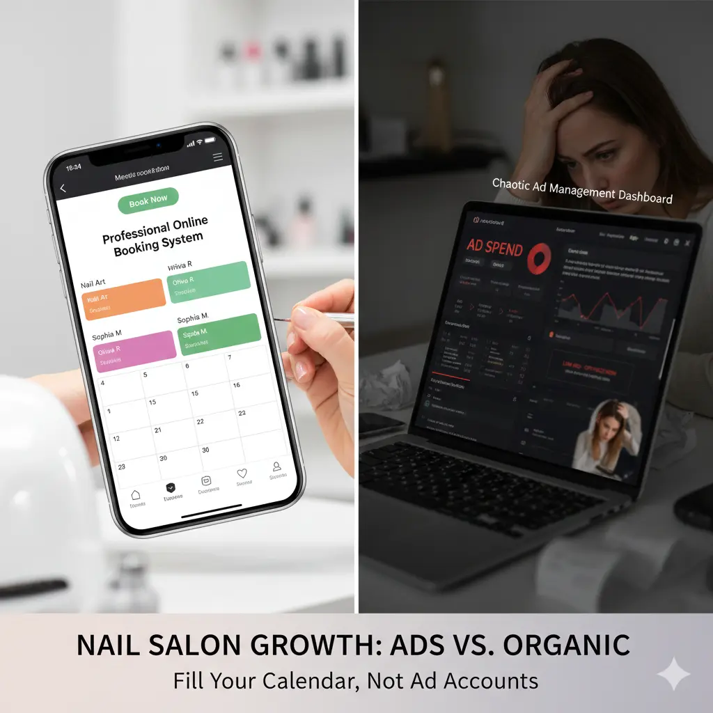 Professional nail art booking interface on a mobile phone showing real-time availability