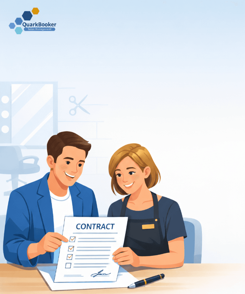 Professional salon owner reviewing staff employment agreement