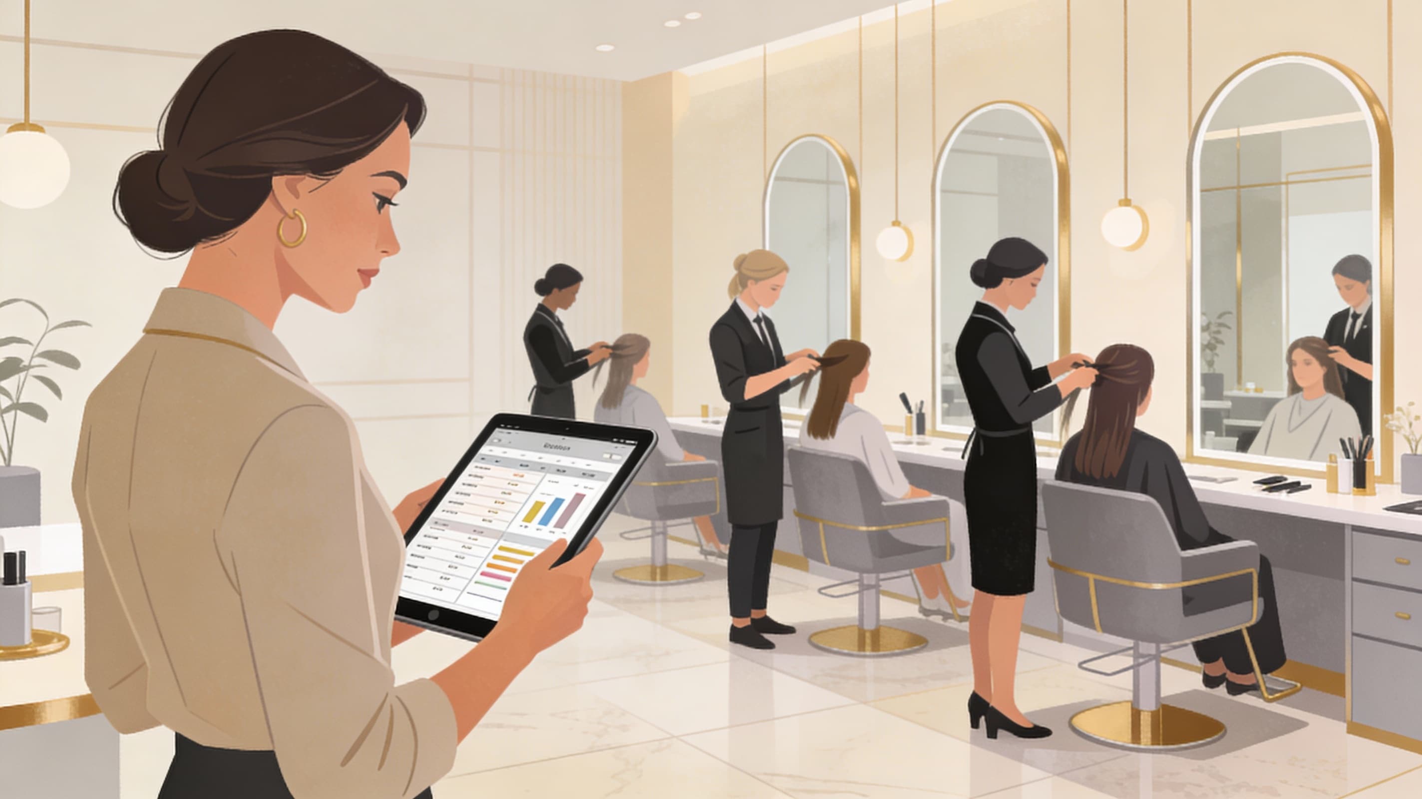 Salon owner managing staff scheduling and growth systems