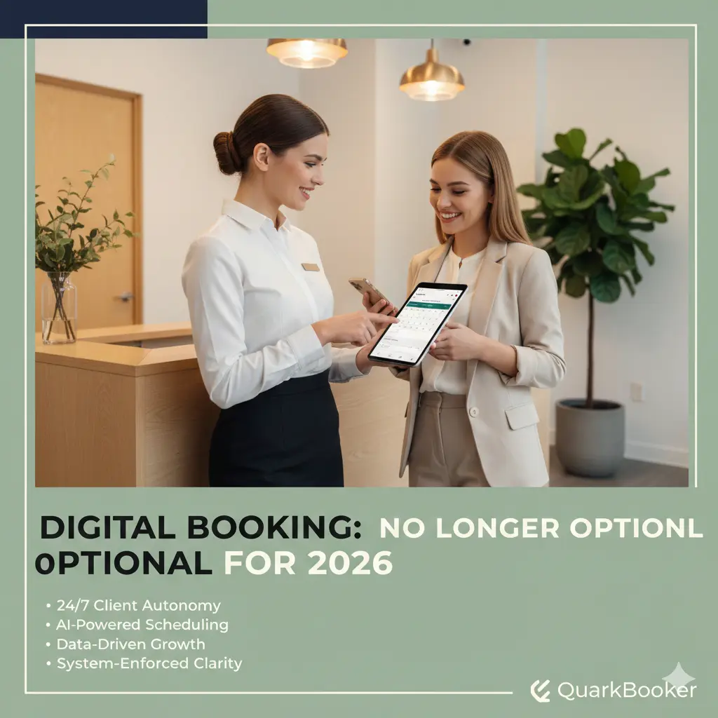A sleek, modern salon reception area with a digital booking interface on a tablet.