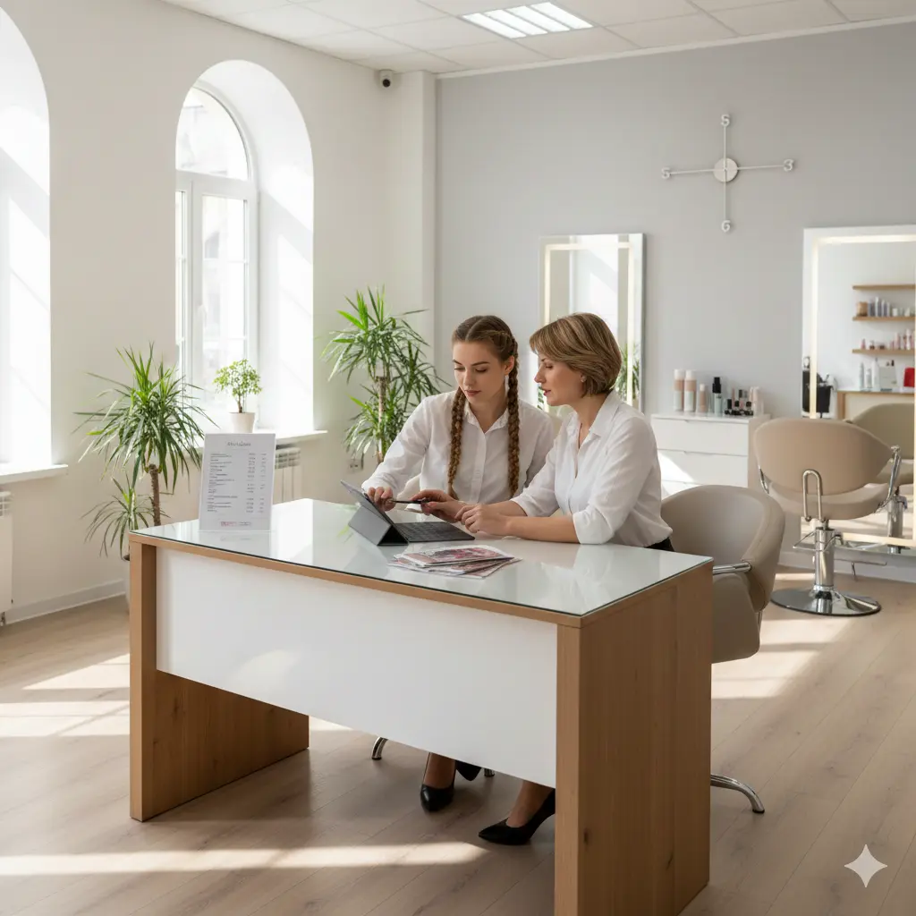 Salon owner analyzing financial reports and service pricing on a tablet in a modern hair salon