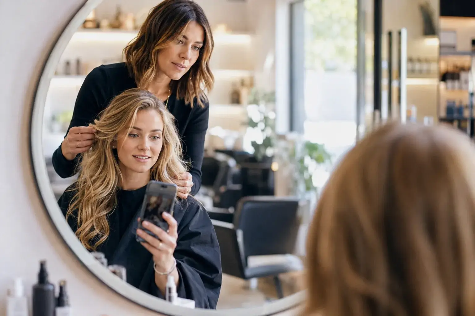 A professional stylist and a client having a thorough hair